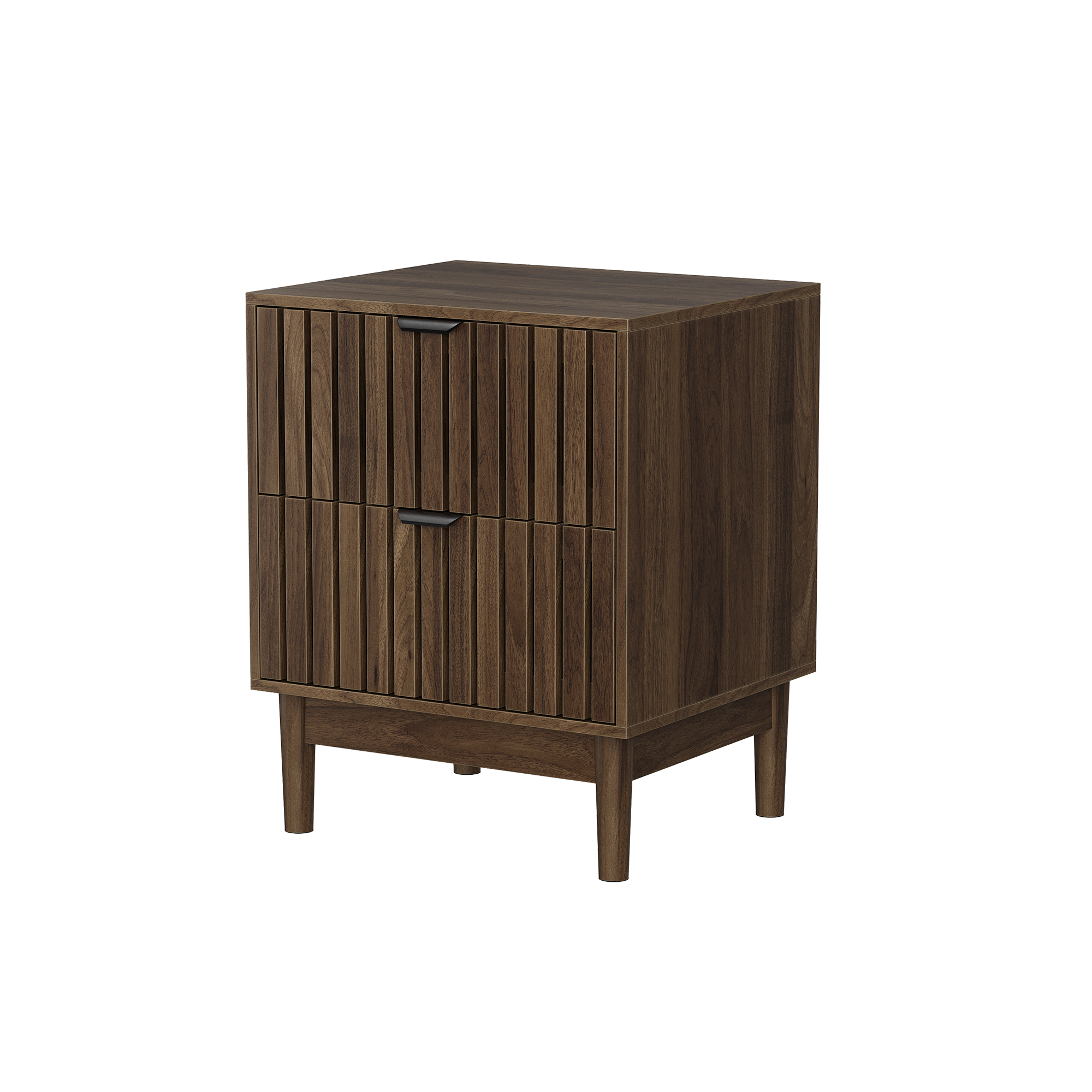 Mid-Century Modern Nightstand with Two Drawers and Slatted Design, 45 x 39 x 56.5 cm, Walnut Wood