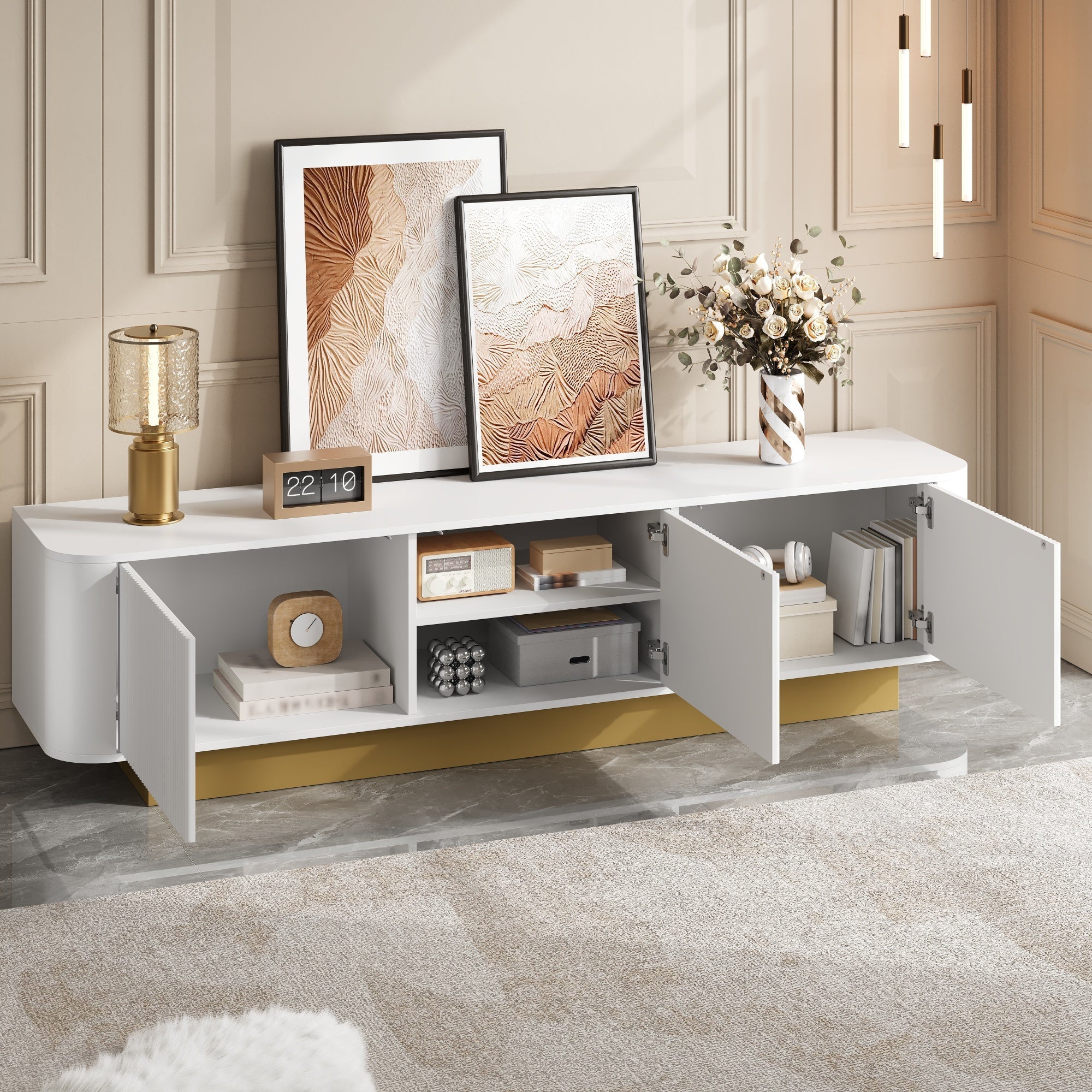 Modern TV Stand with Storage and Cable Management, Rounded Design, White