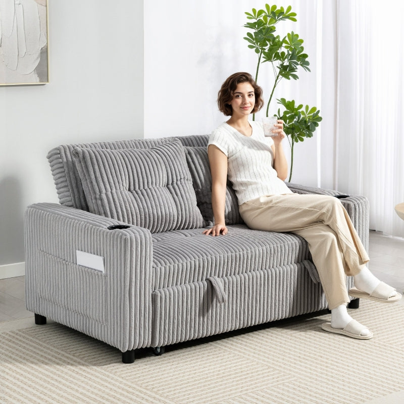 2 Seater Click Clack Sofa Bed, Pull Out Design, Light Grey Corduroy