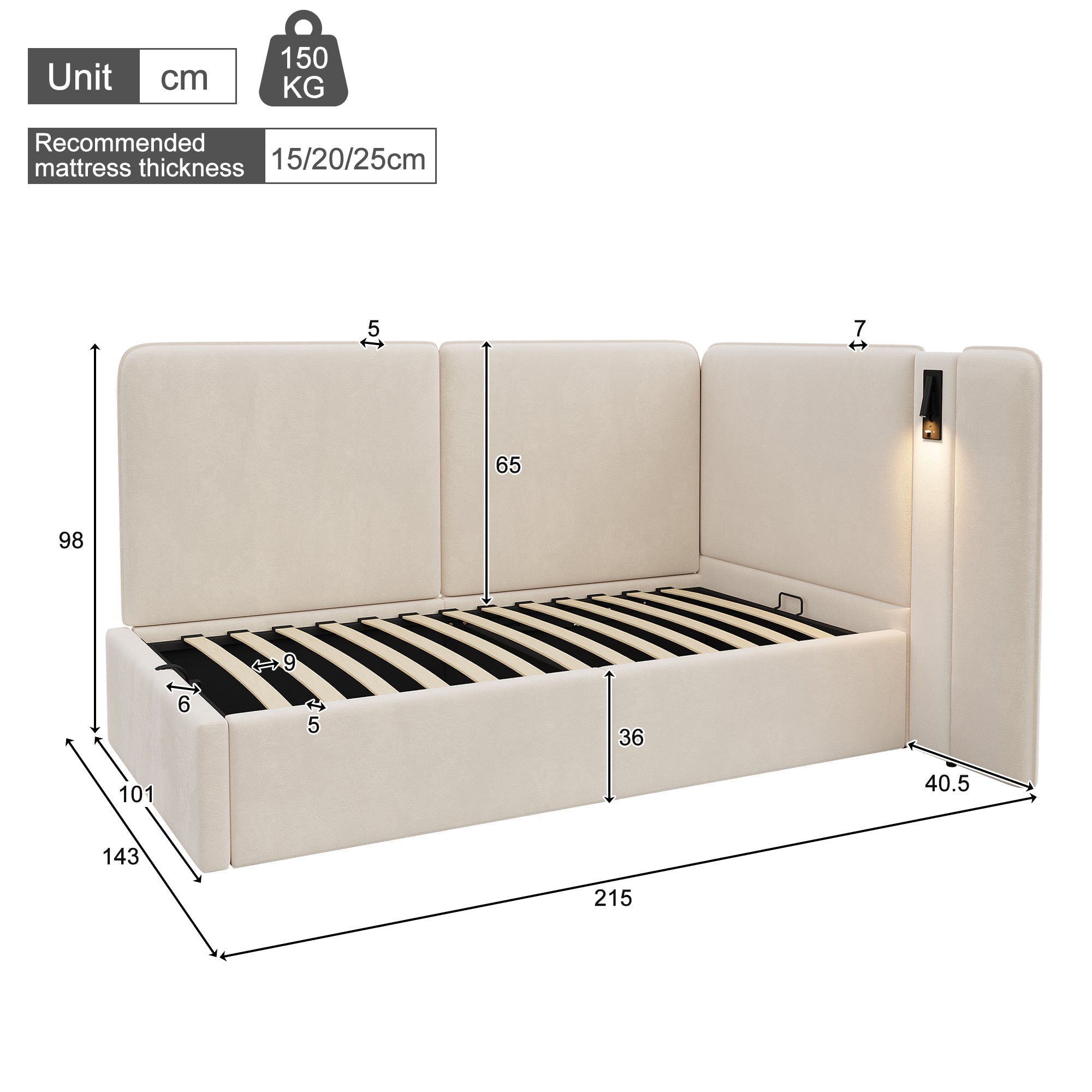 Daybed with Hydraulic Storage, USB Port and Reading Lamp, 90x200cm, Beige Velvet