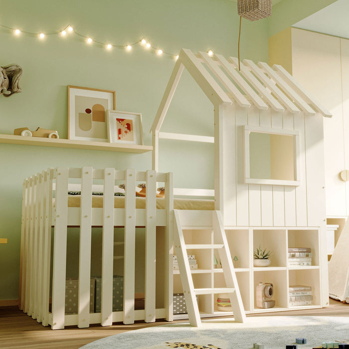 Children's House Bed 90x200, Roof & Window, Ladder, Solid Wood White