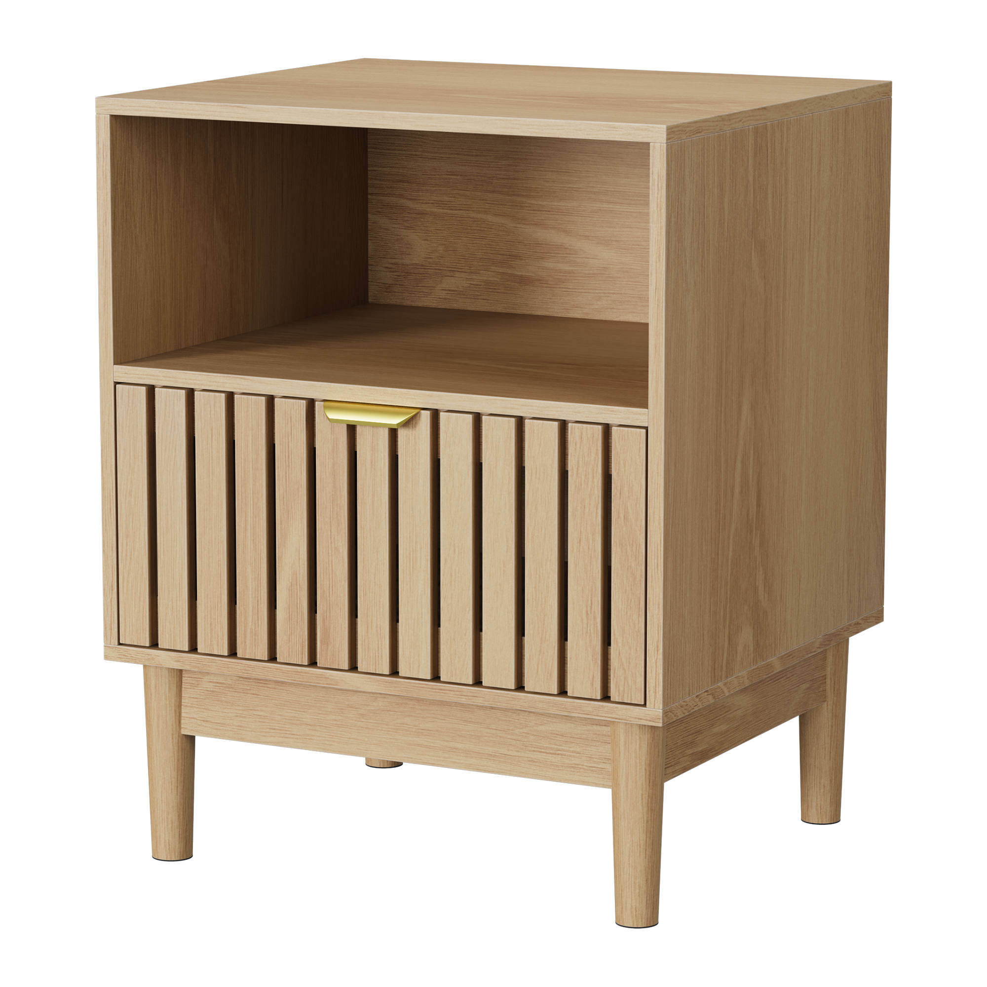 Modern Bedside Table with 1 Drawer and Slatted Design, 45x39x56.5cm, Oak
