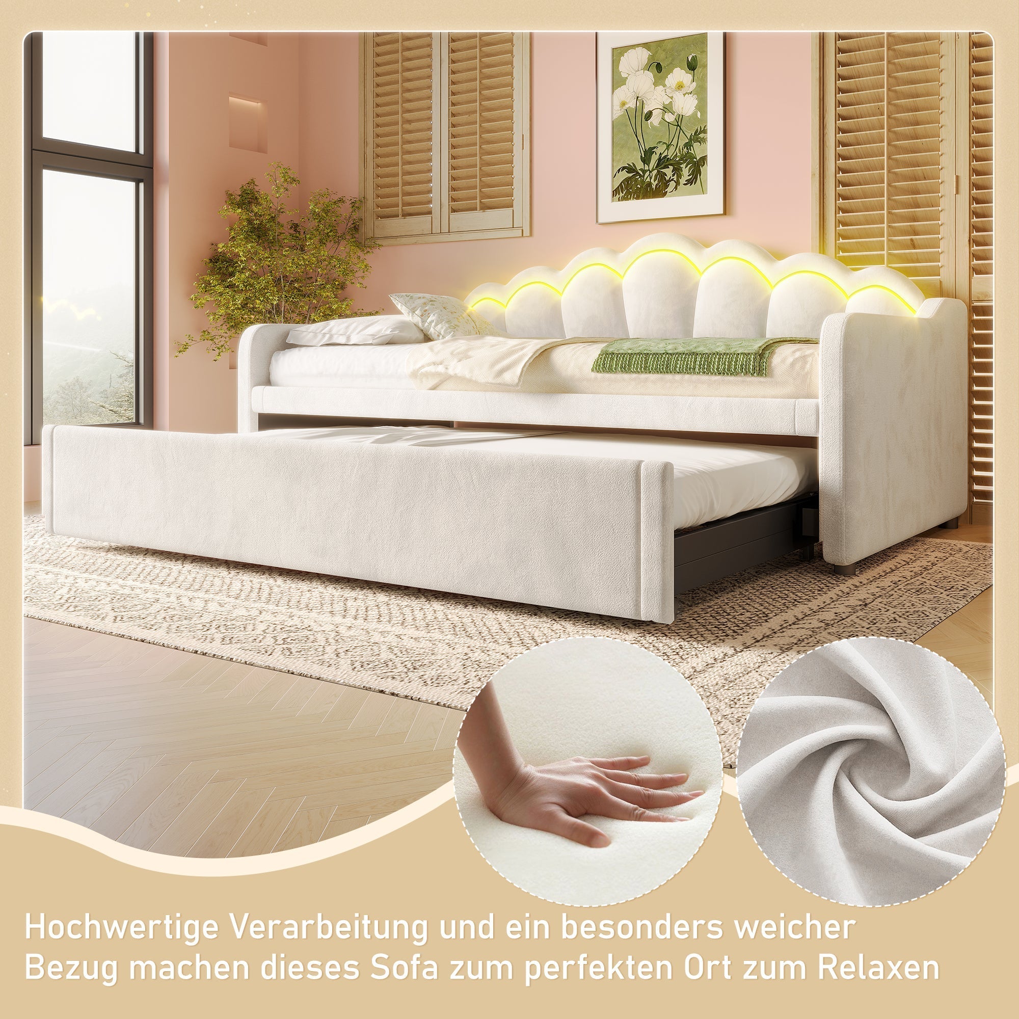 Daybed Sofa Bed Pull-out Double Bed LED 90/180x200cm - Velvet Beige