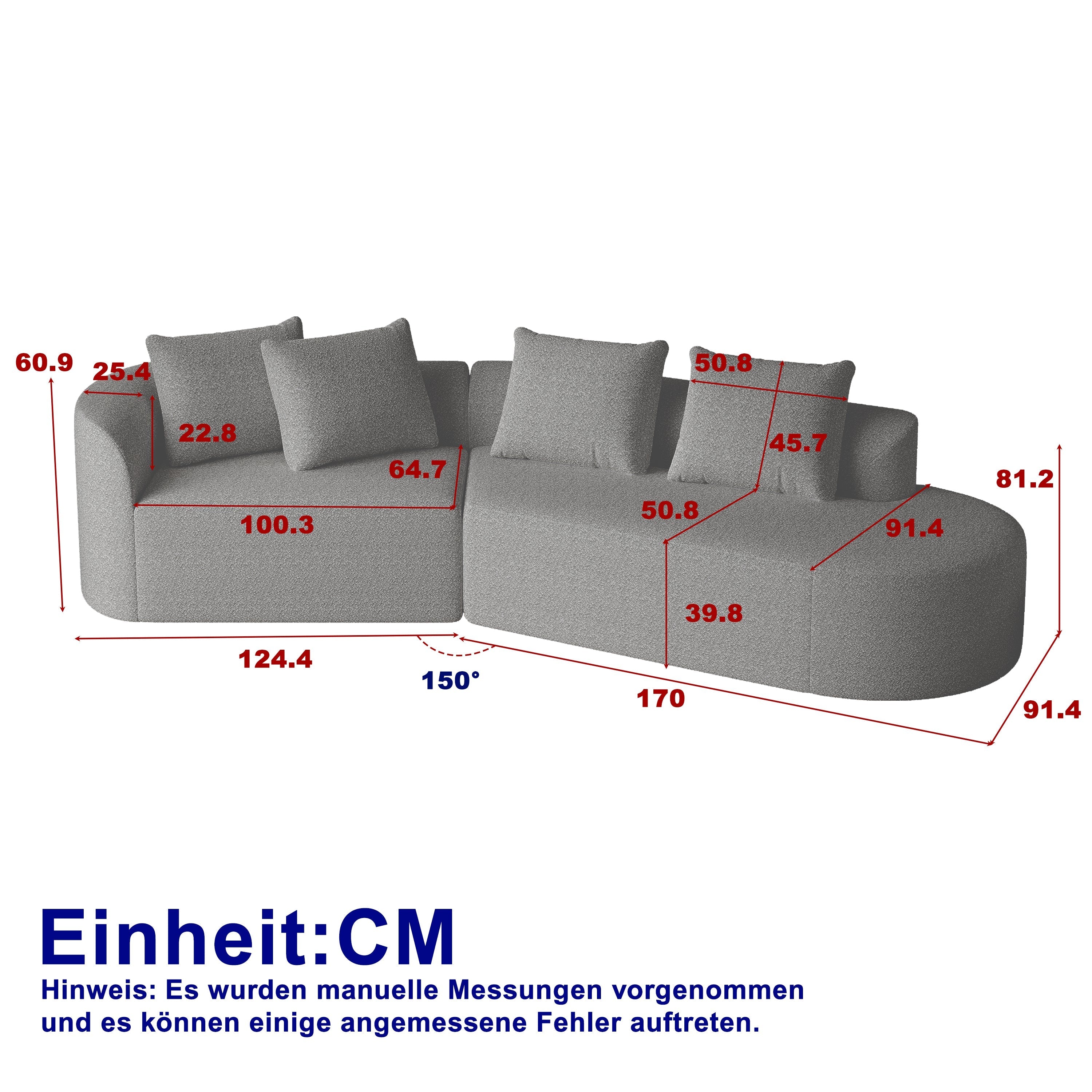 Chenille Sofa, Modern Oversized 4-Seater Corner with Deep Seat & Pillows, Cloud Couch