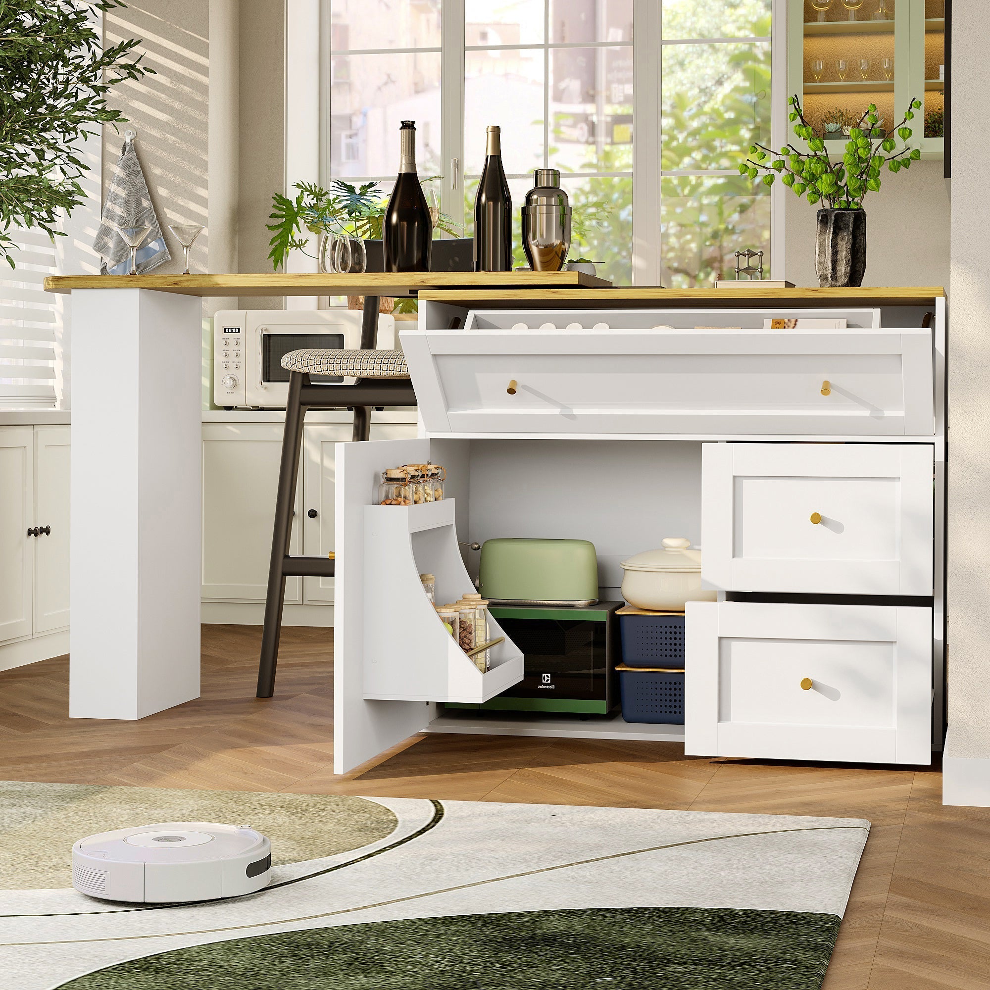 Extendable Bar Table Telescopic Storage Snack Shelf 138-204cm - White