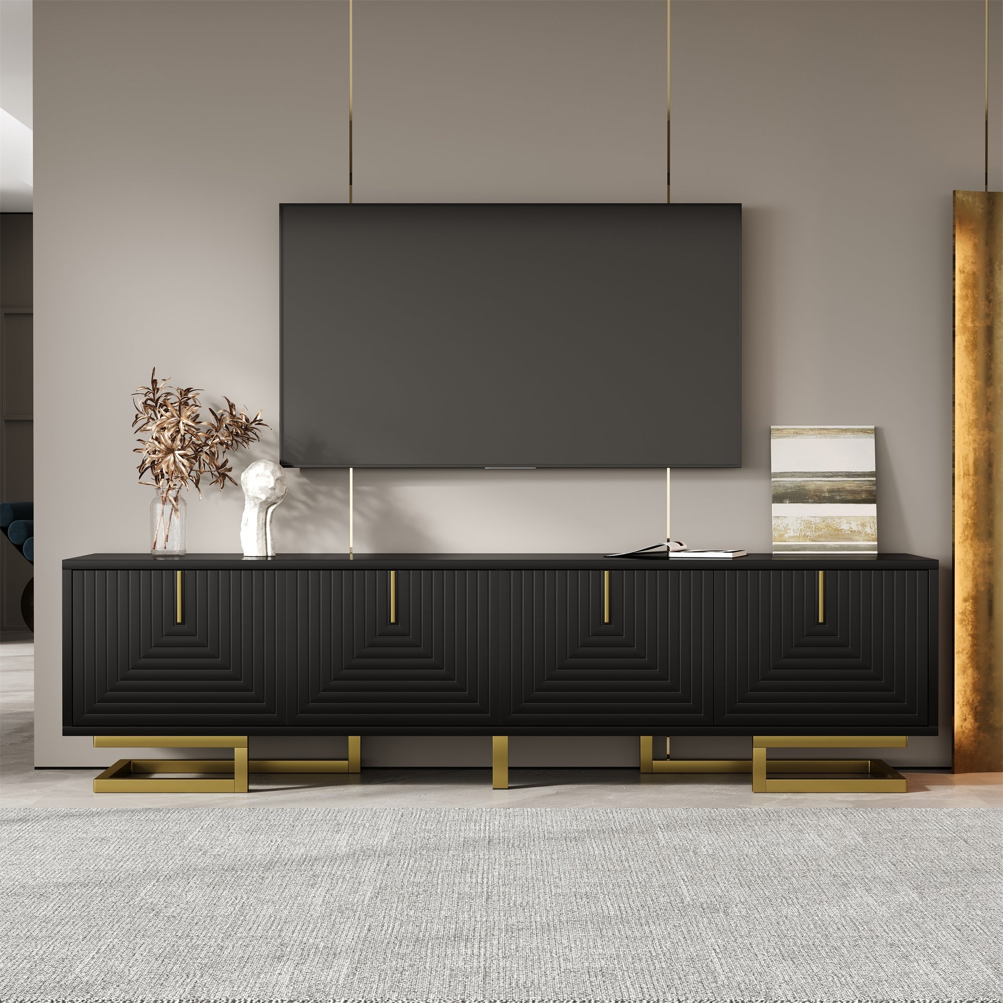 TV Cabinet, Textured Doors with Golden Handles and Legs