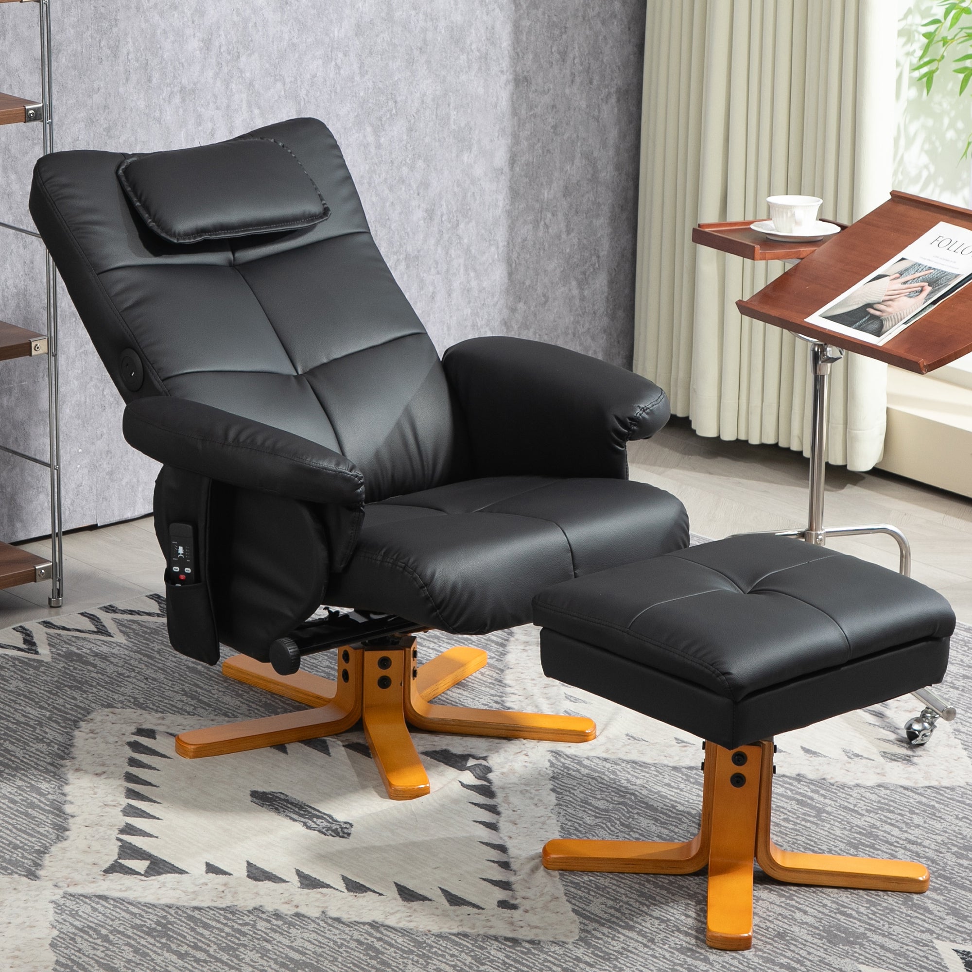 Reclining Massage Armchair with Footstool, Storage, Side Pocket - Faux Leather Black