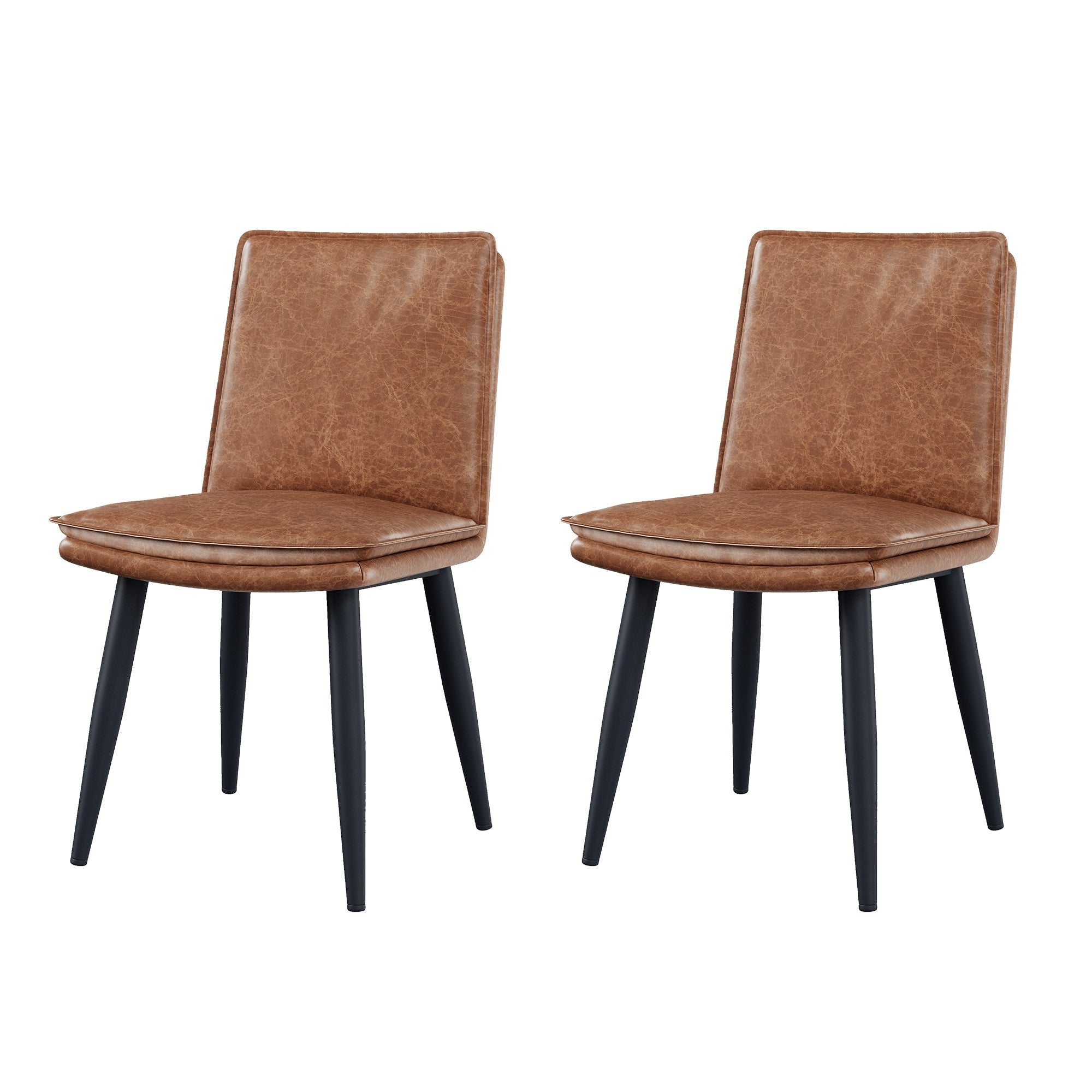 2 Dining Chairs PU Leather Double Cushion Modern - Brown