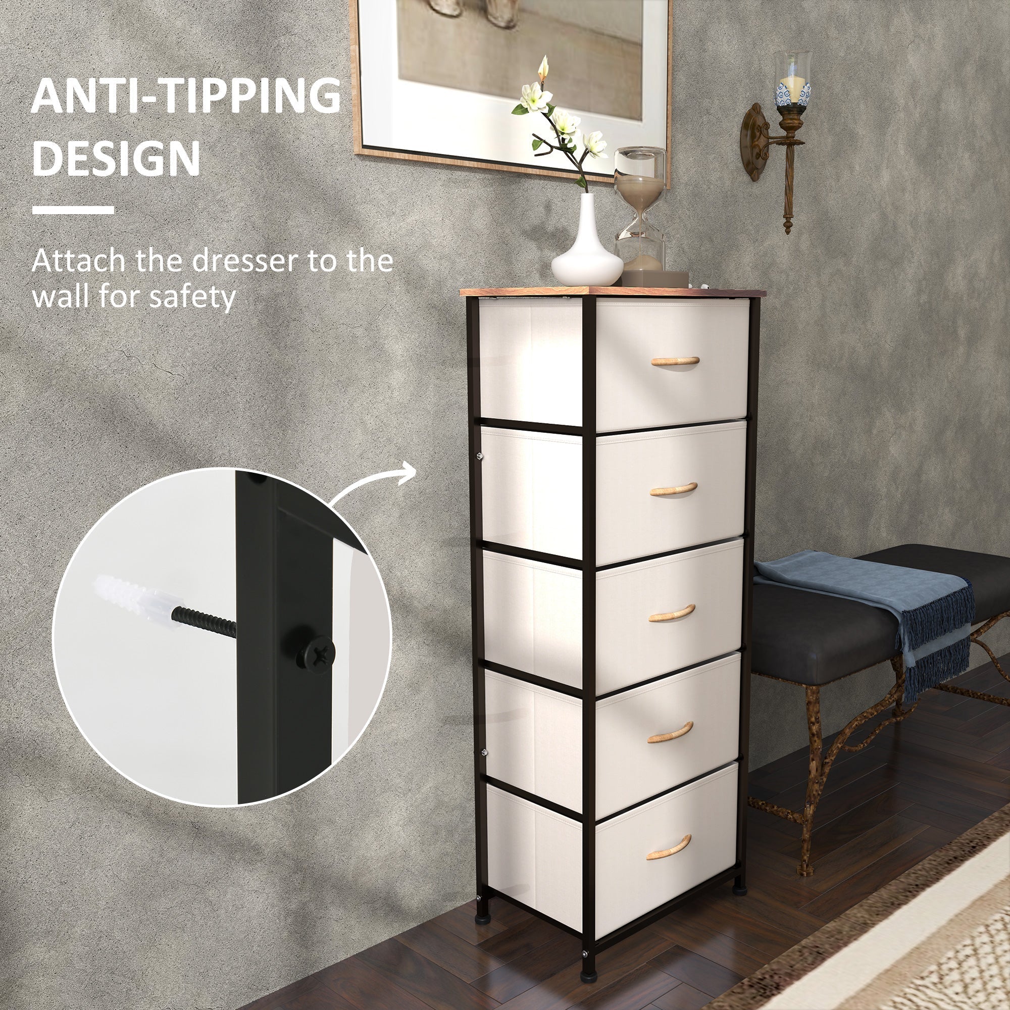 Fabric Chest of Drawers, Industrial 5 Drawer Dresser with Steel Frame, Cream White