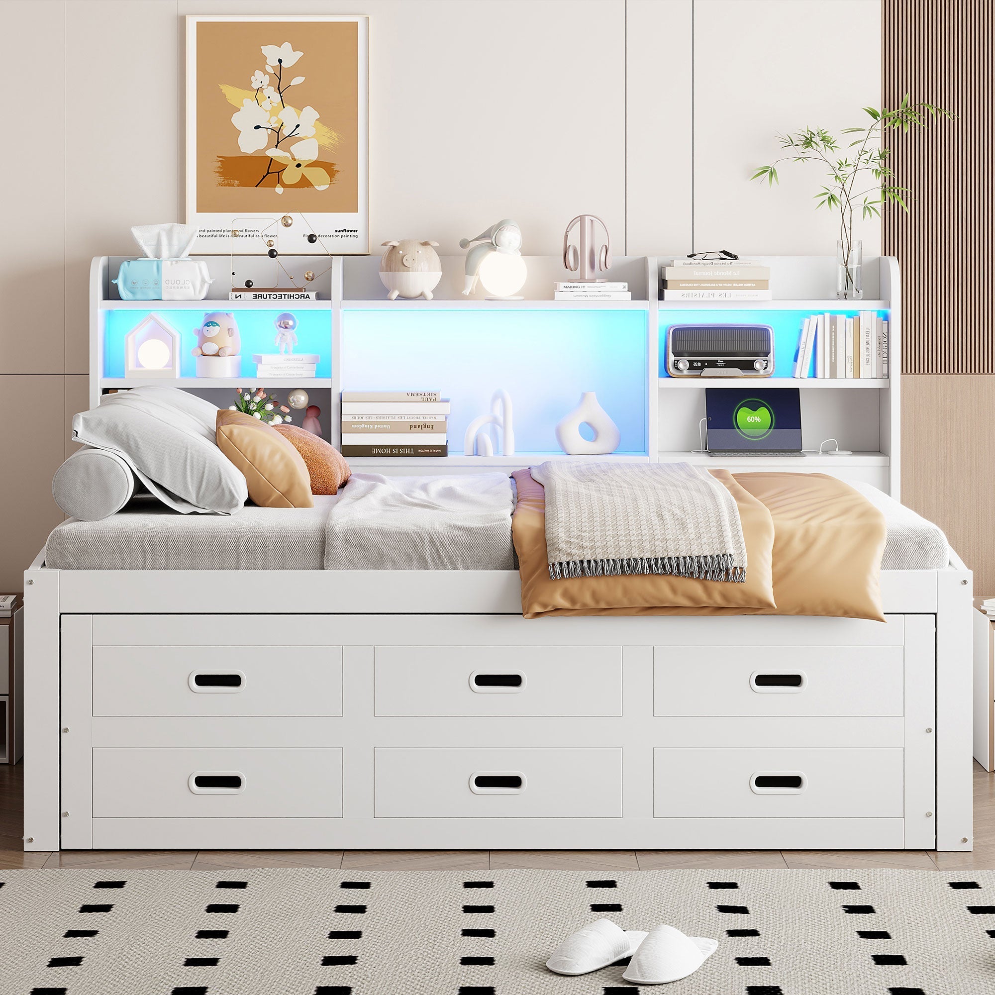Sofa Bed Daybed 90x200cm Extendable LED 3 Drawers Shelf USB/Type-C - White