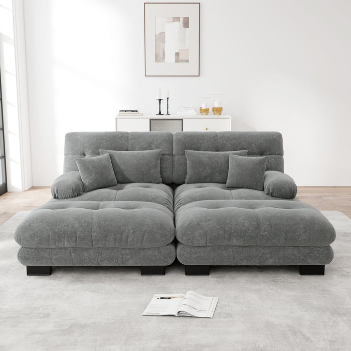 Cloud Corner Sofa, Double with Lumbar & Decorative Pillows, Wide Armrests & 2 Ottomans, Chenille Grey