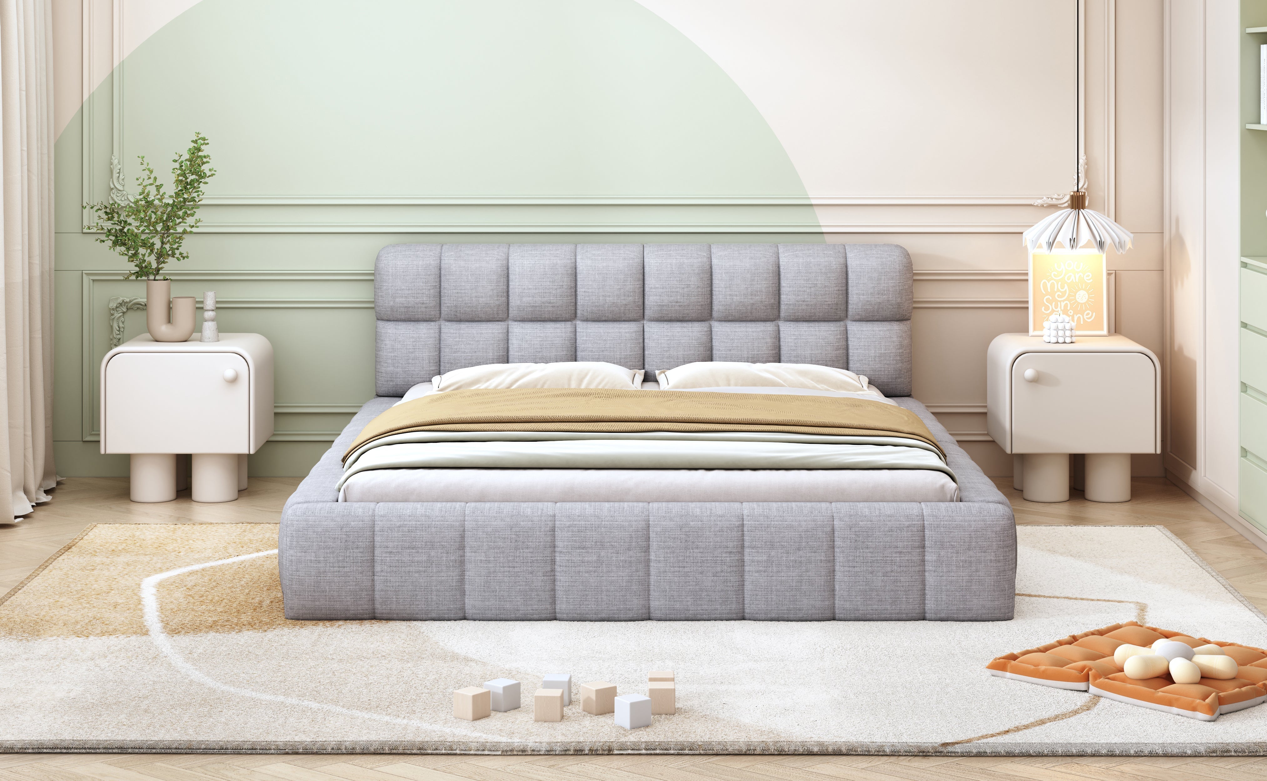 Upholstered Bed 140x200cm Double with Soft Backrest, Linen Grey