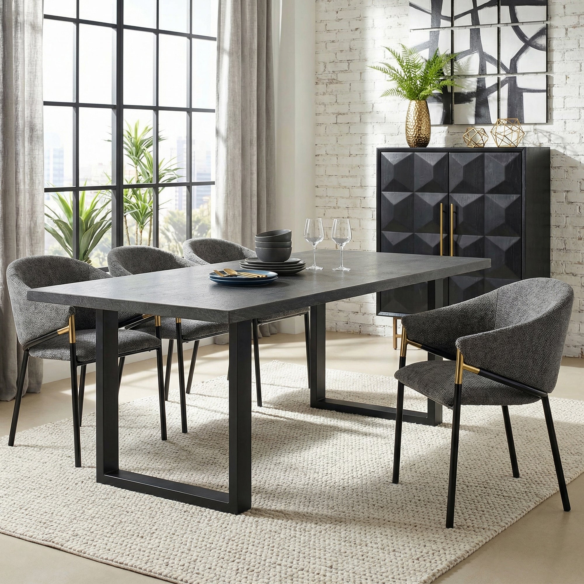 4 Dining Chairs, Modern Style with Gold Stainless Steel Handrails, Grey Chenille