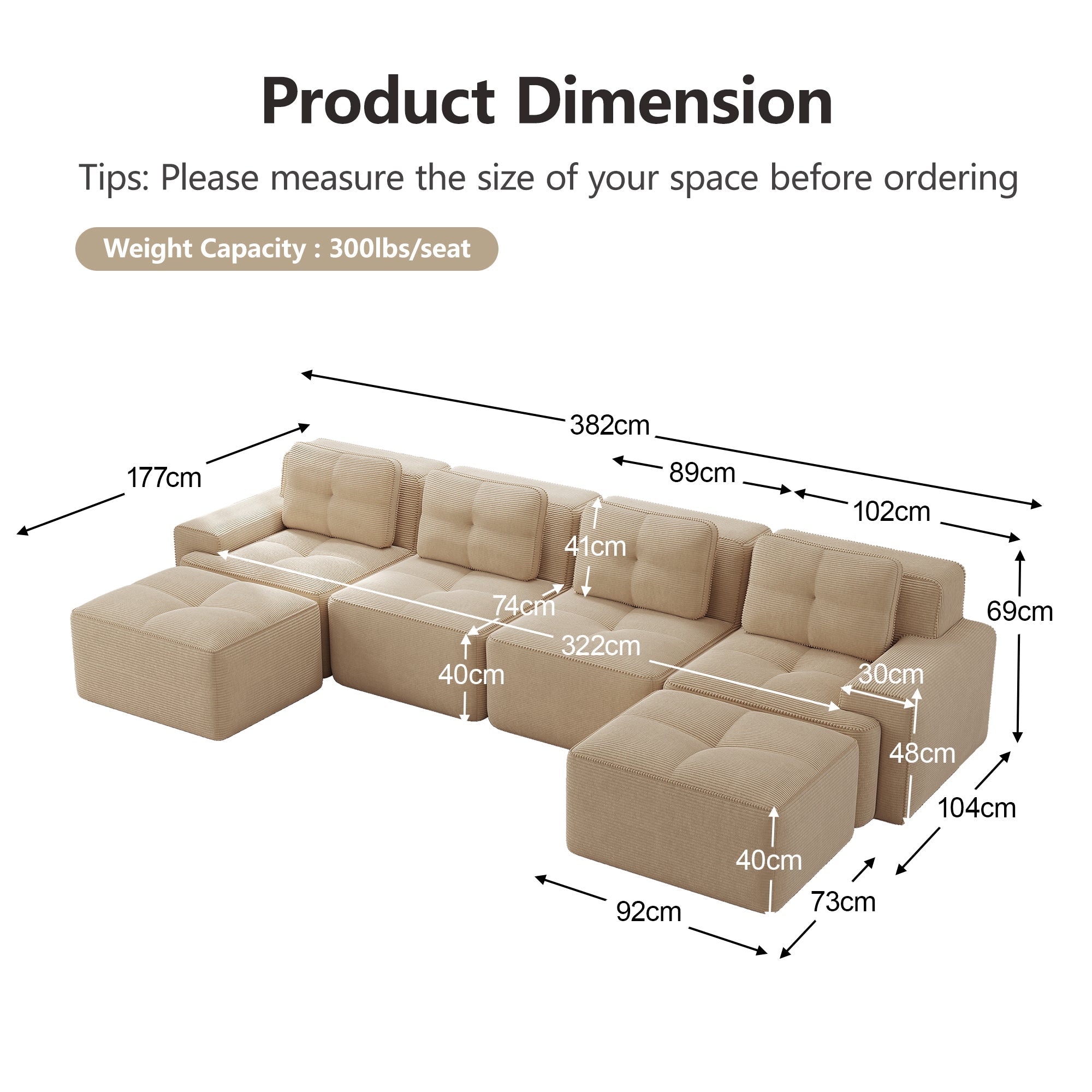 Boneless Modular Sofa U-Shaped Chaise 4-Seater Deep-Seat - Beige