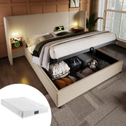 Upholstered Double Bed 160x200, with Bedside Table, Reading Lamp, USB-C, Storage, Solid Wood & Metal Frame, Beige Linen