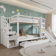Bunk Bed with Slide, Stair Storage, Bookshelf and Drawers, 90x200cm, White Pine + MDF