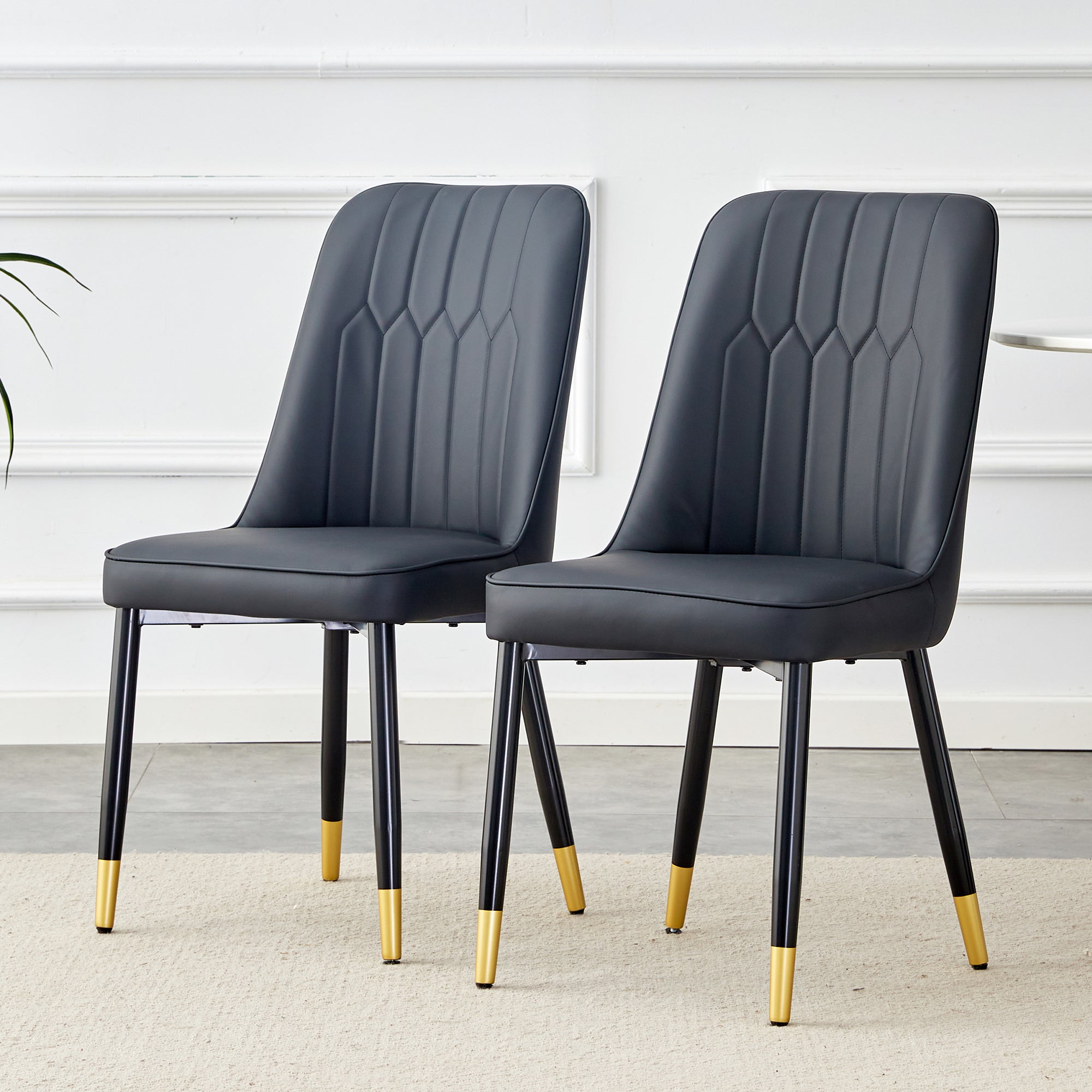 2-Piece Dining Chair Modern PU Leather Back Cushion Metal Legs Black