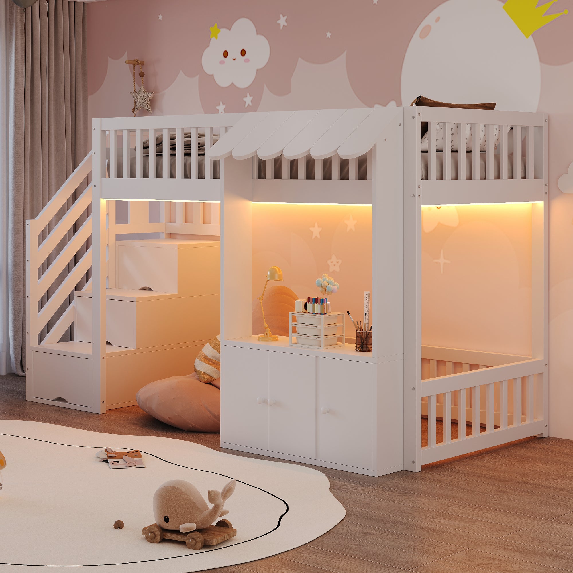 Wooden Loft Bed with Storage Wardrobe, Stairs and LED Light, 90x200cm, White Wood