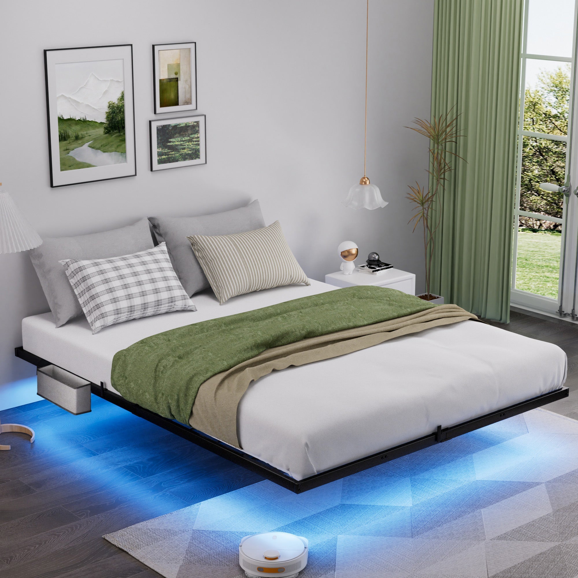 Floating Metal Bed 140x200cm, LED Lights, Black