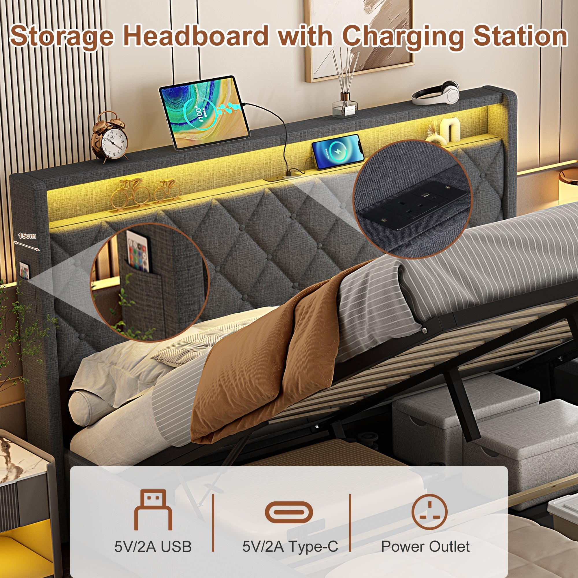 5ft King Upholstered Bed Frame, Hydraulic Storage LED Headboard Charging Station, Linen Grey