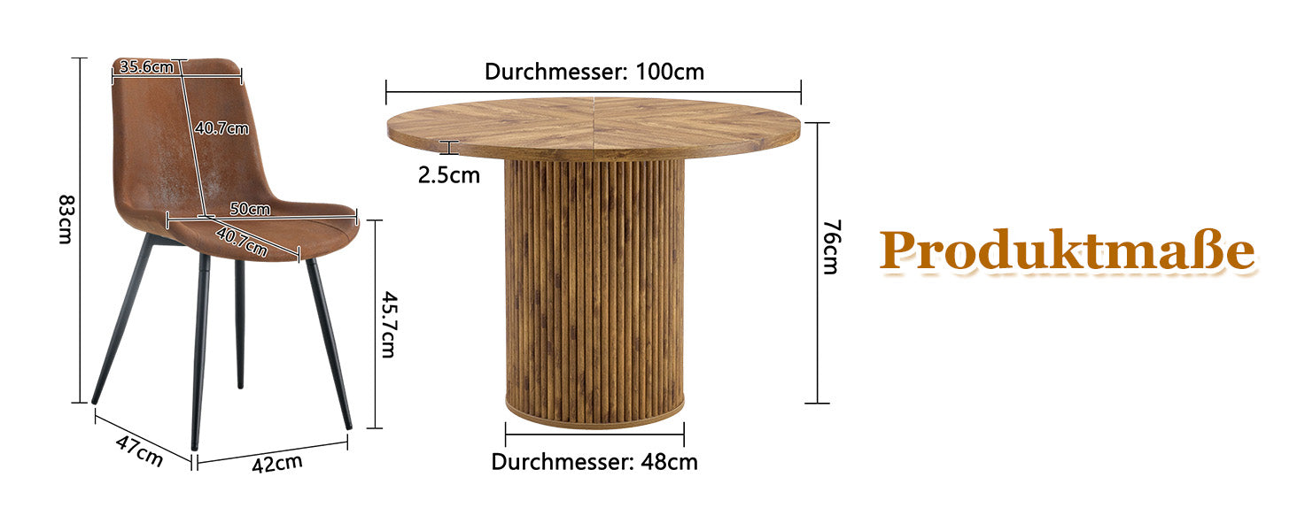 Minimalist Round Dining Set 100cm Table 4 Chairs MDF Wood Look/Brown Fabric