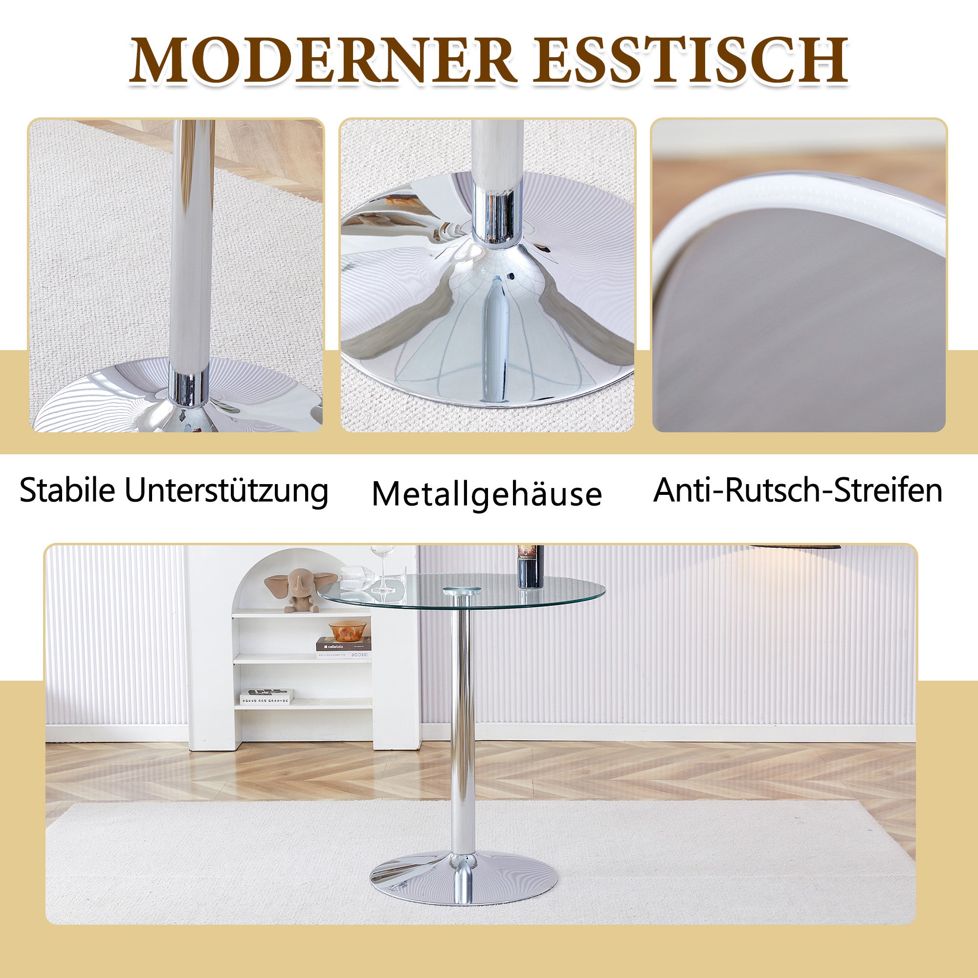 Bar Set Round Glass Table 89cm & 2 Stools Gold Legs