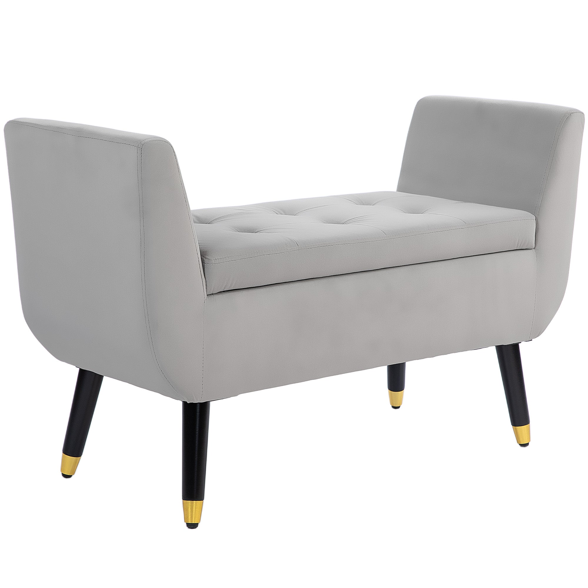 Upholstered Bench, Storage Armrests, Chest, Velvet, Light Grey