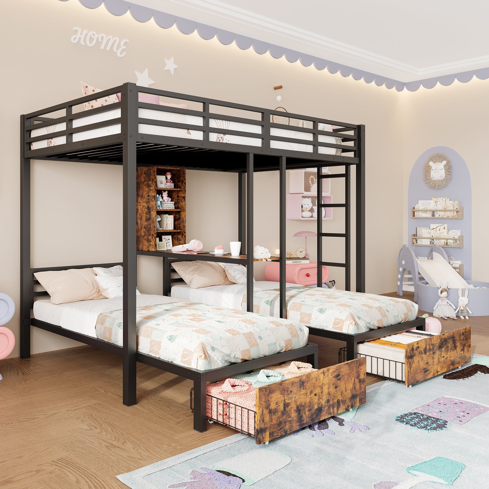 Bunk Bed Triple Sleeper 140x200/90x200cm with Storage Drawers and Shelves Black