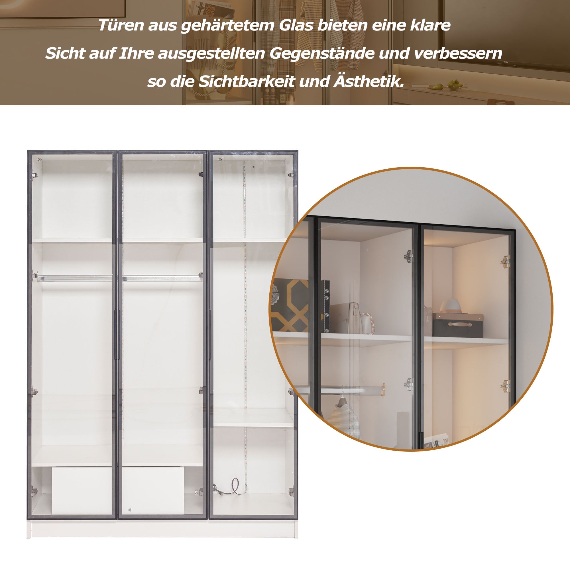 Wardrobe, 3 Glass Doors, 1 Drawer, 1 Clothes Rail, 110x50x160 cm, White with LED Light