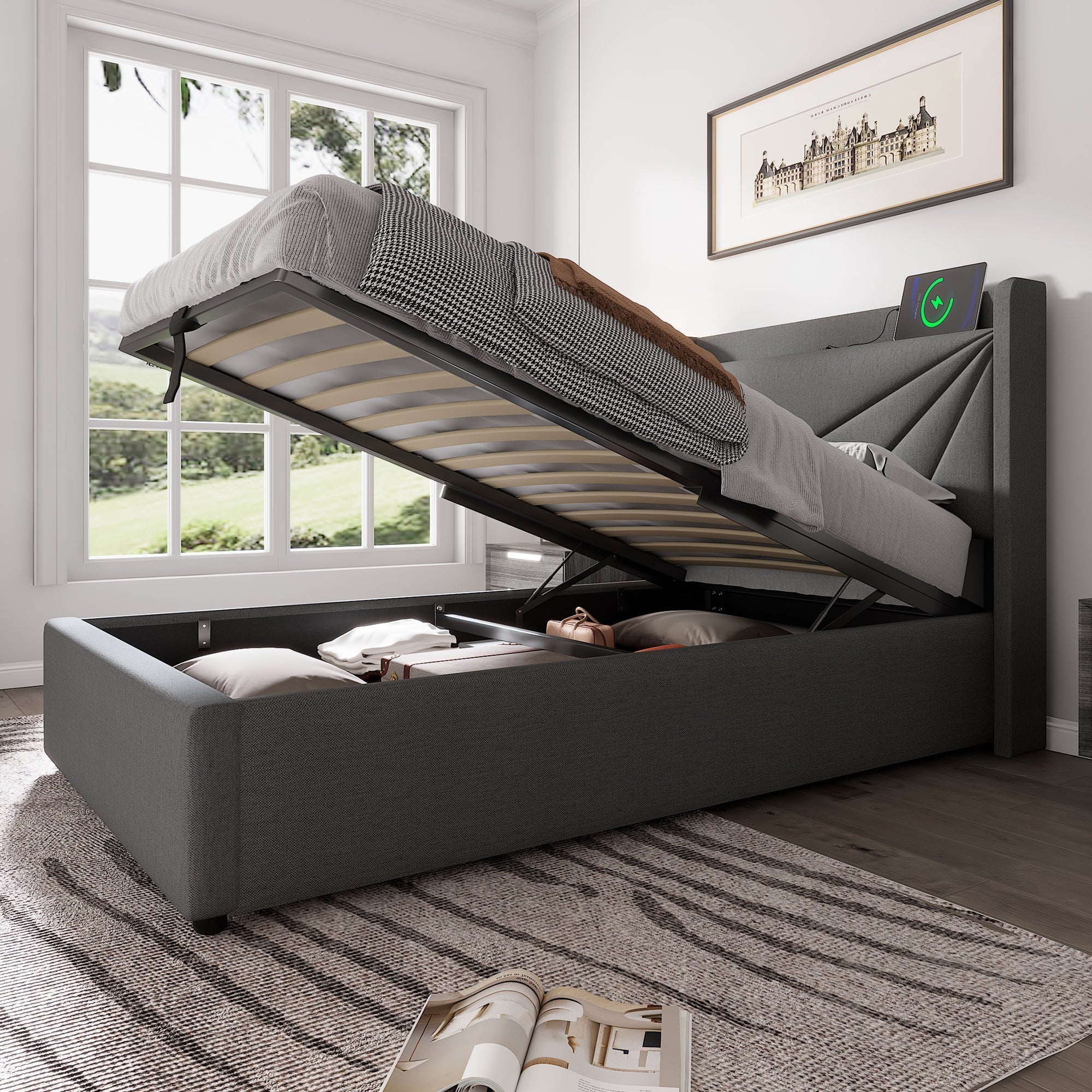 Upholstered Bed, Single Storage with USB Type C Headboard, Linen