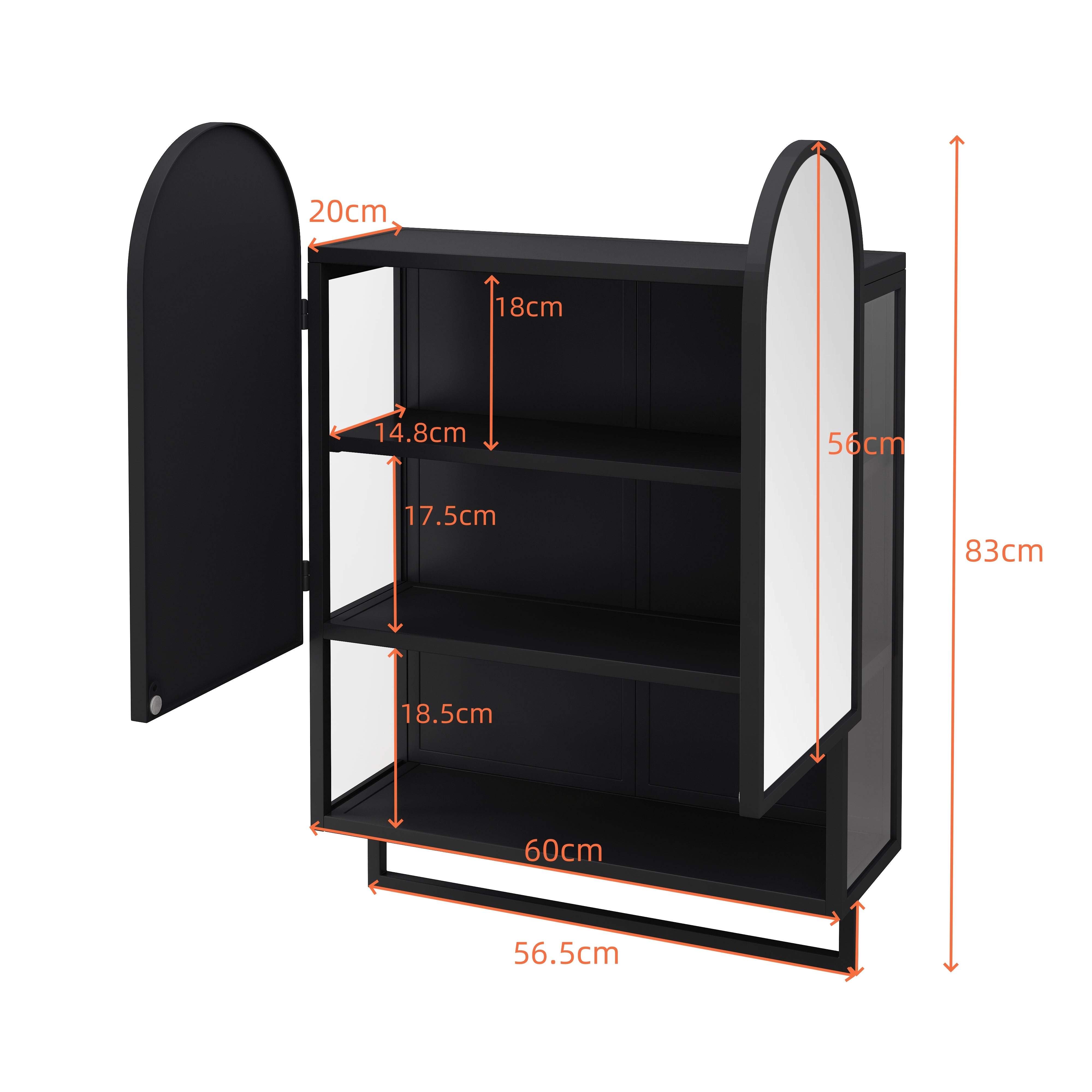 Mirror Cabinet 60CM Double-Arched 2 Doors Open Shelf Metal Black