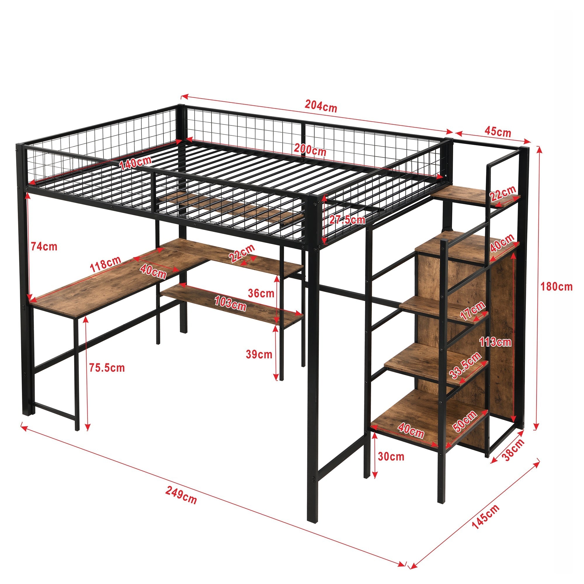 Loft Bed 140x200cm Iron Frame with Storage Ladder Shelves Wardrobe Desk Black
