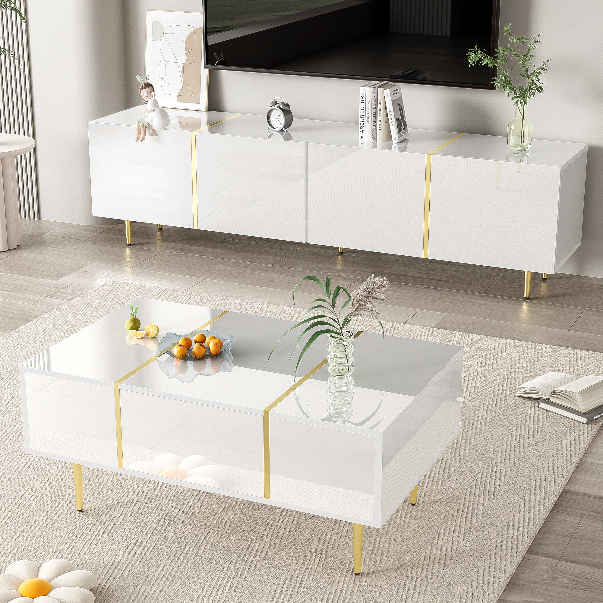 TV cabinet and coffee table set, modern high-gloss white