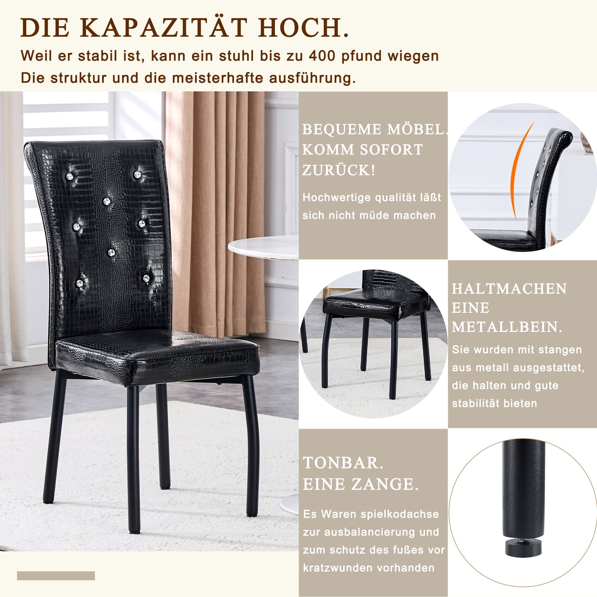 2 Dining Chairs Vintage Crocodile Faux Leather Crystal Clasp - Black