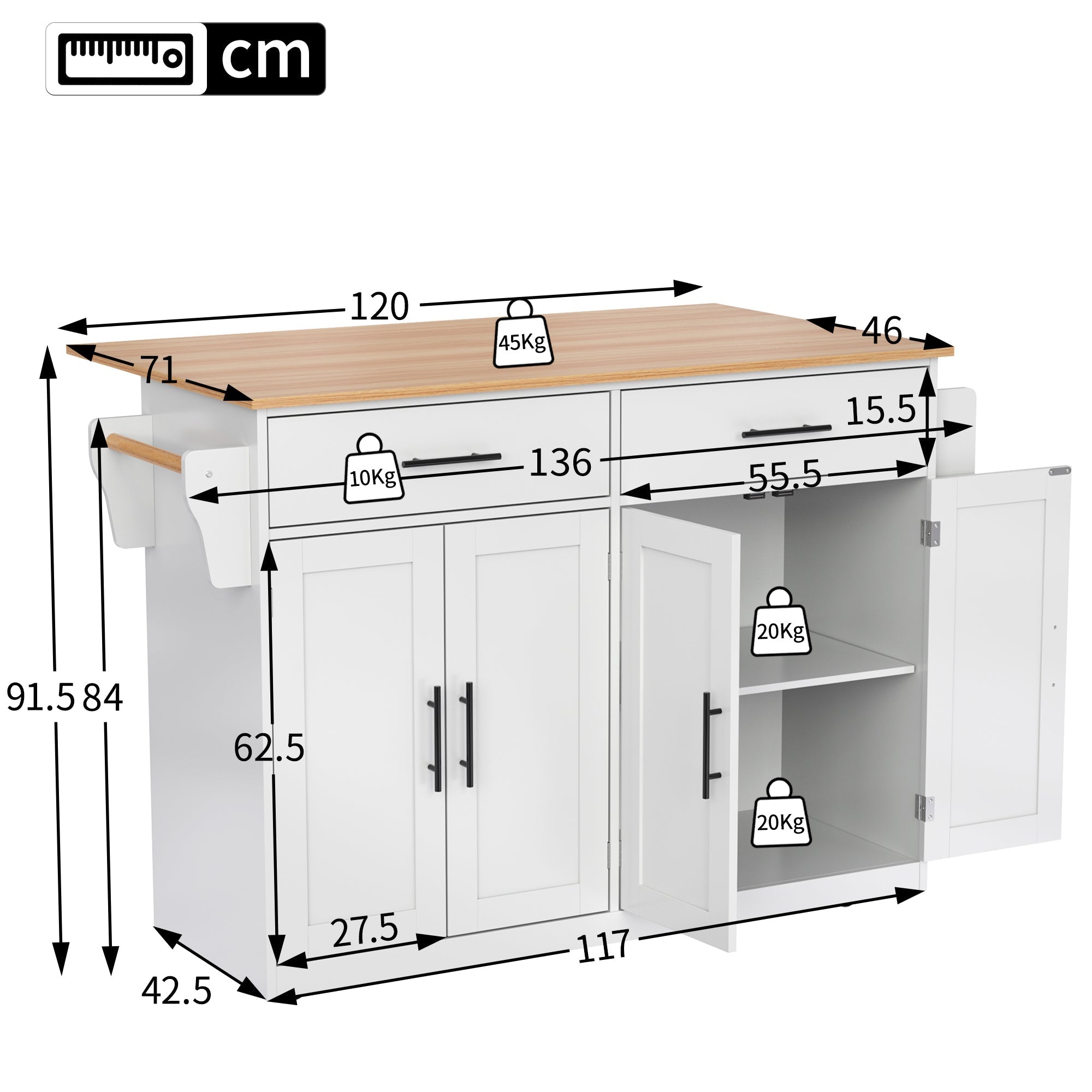 Serving Trolley Folding Tabletop Casters Interchangeable Legs - White