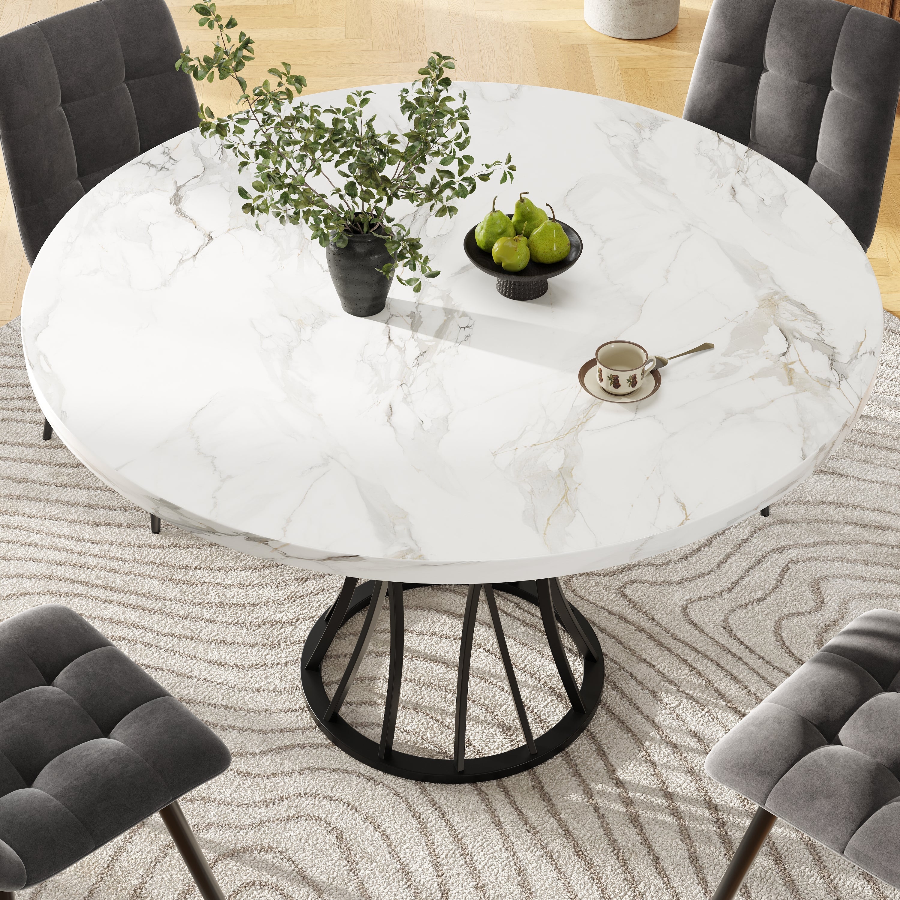 Round Dining Table 80x80cm Marbled Top 4-6 Seater - Black Legs