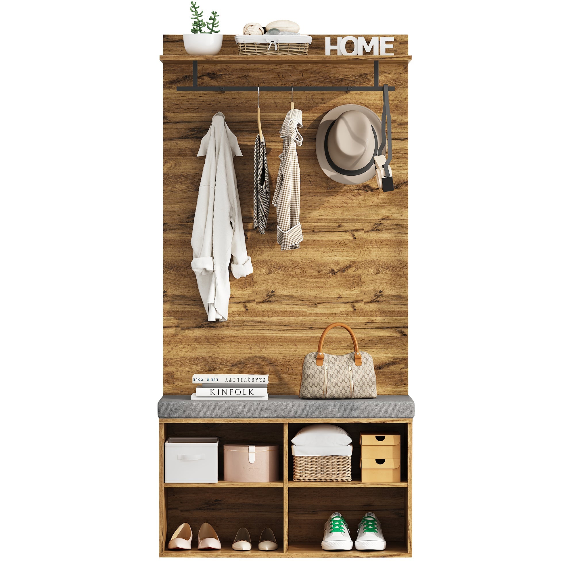 Wardrobe Set with Shoe Bench, Adjustable Shelf & Clothes Rail, 175cm High, Wood Look