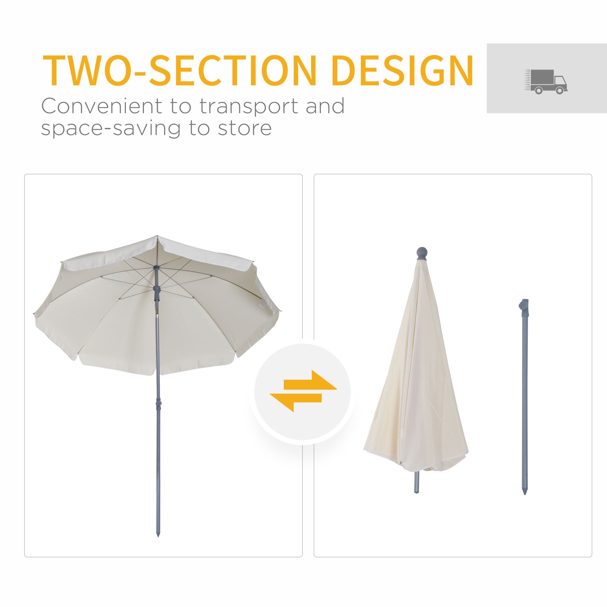 2.2m Beach Umbrella Portable Parasol Tilting Function 8 Ribs, Cream White