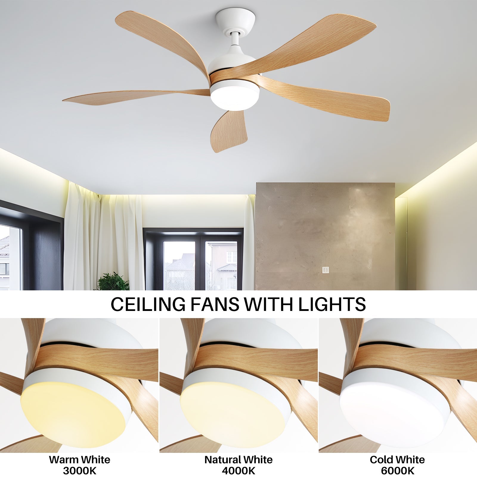 52-inch Modern Ceiling Fan, 3-Color Dimmable LED, Remote, Reversible DC Motor, White