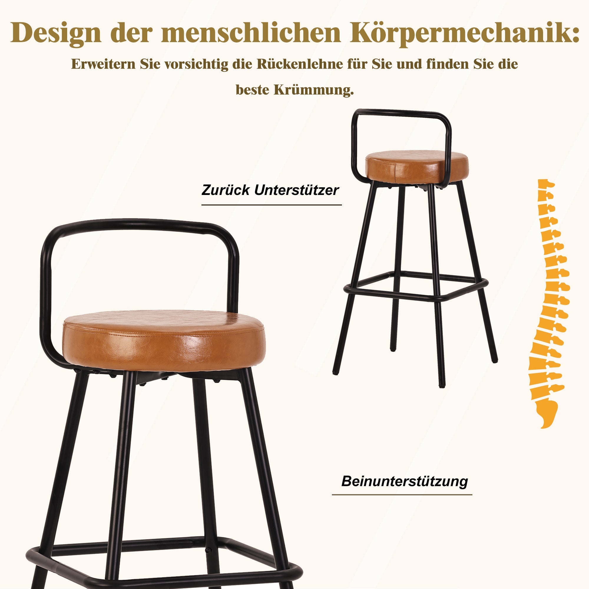 Modern Bar Stool Set of 6 with Ergonomic Backrest and Footrest, Brown PU Leather