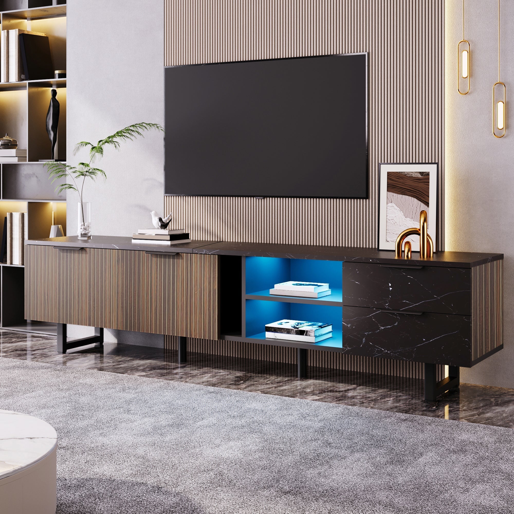 200cm TV Cabinet, Adjustable LED Lighting, Two Doors/Drawers, Black Marble Look/Dark Wood Grain