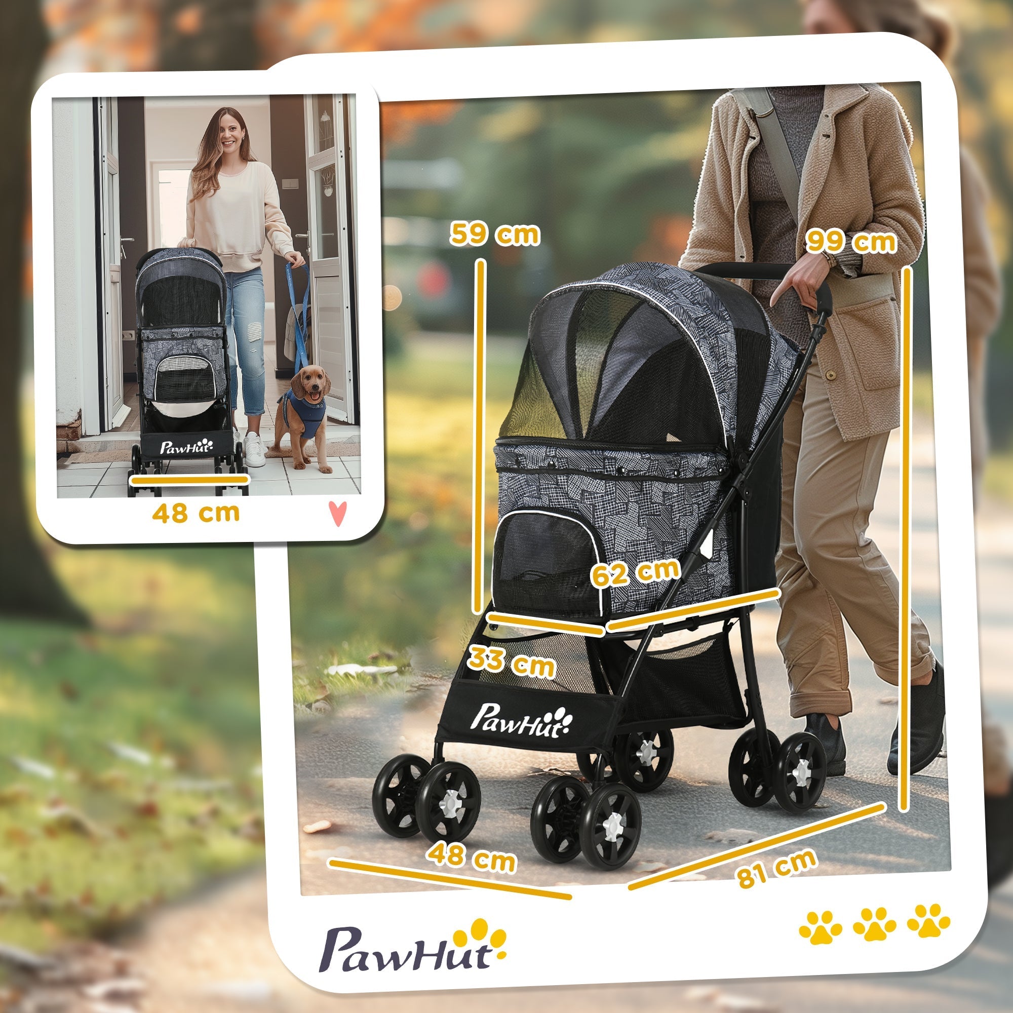 Dog Buggy Foldable Trolley with Cushion, Mesh Window, Grey Black Oxford Fabric