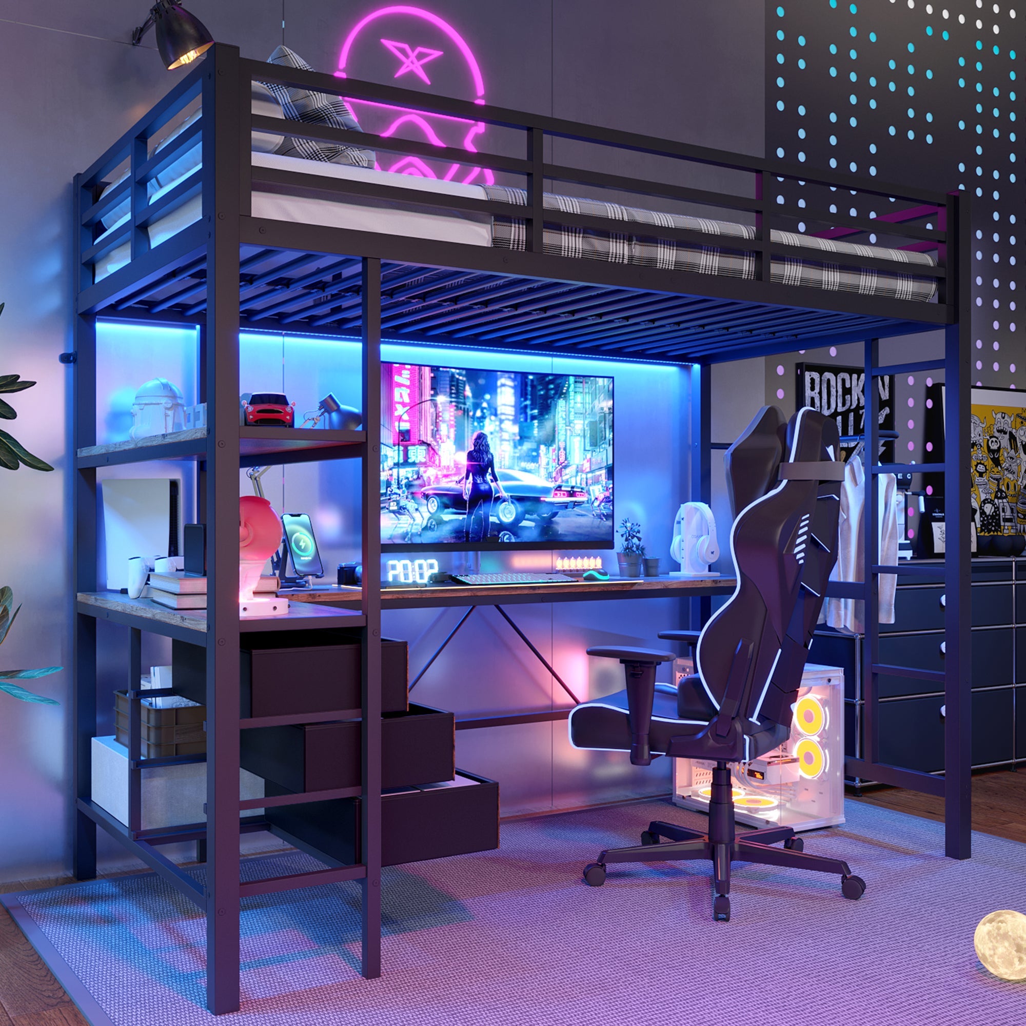 Loft Bed 90x200cm LED Lights, Desk, USB Port, 3 Drawers, Black