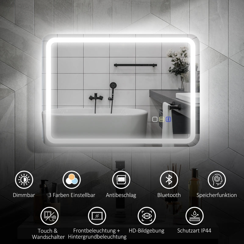 Badezimmerspiegel mit Beleuchtung, LED, Bluetooth, Anti-Beschlag, Silber