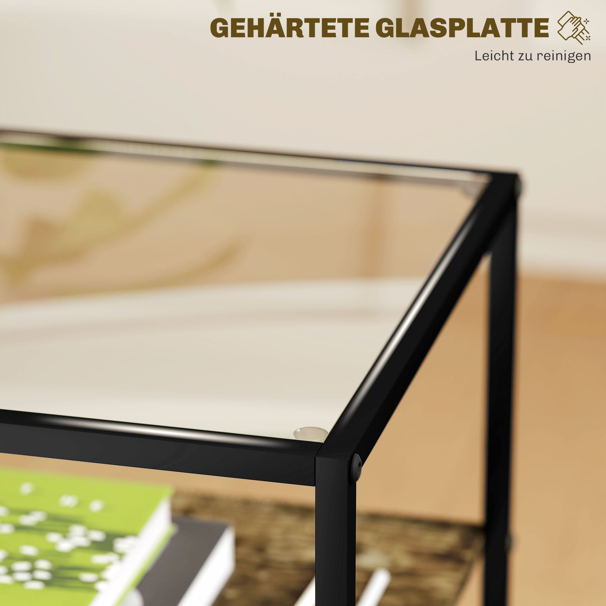 Set of 2 coffee tables, glass tops, 3 levels, rustic brown