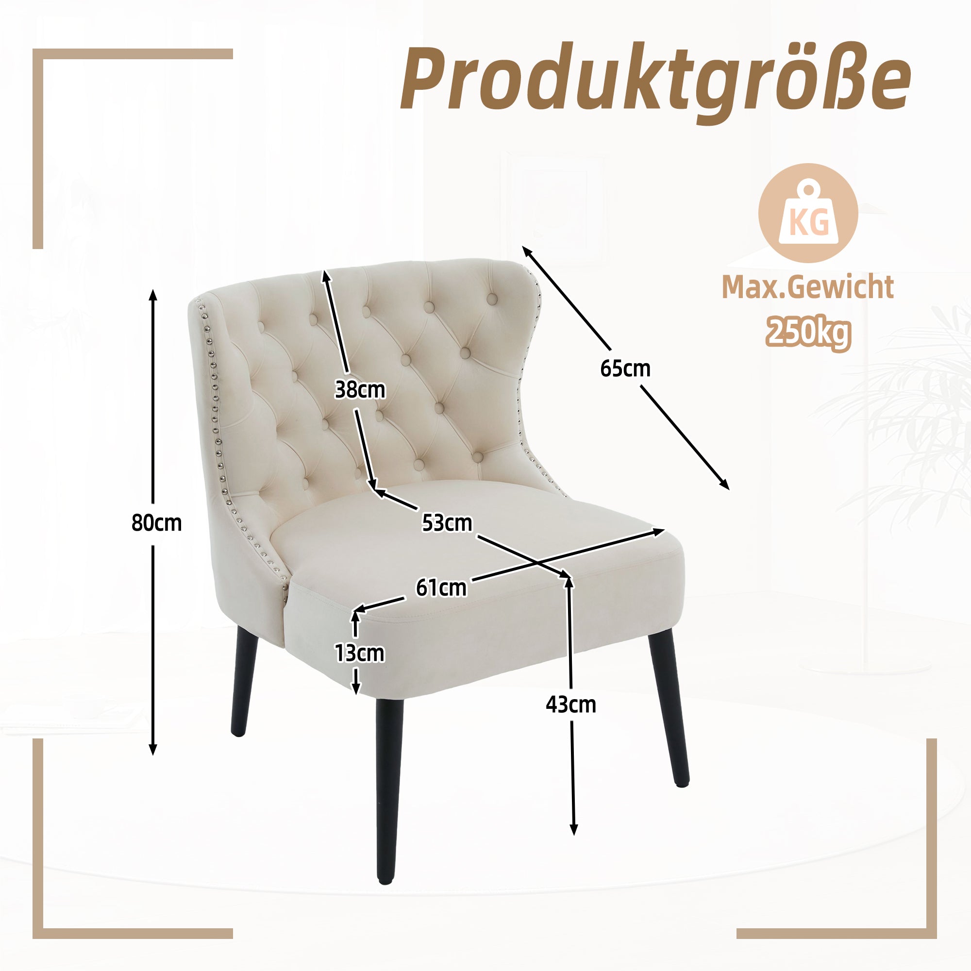 Single Sofa Chair, Velvet Button-Front Armless Studded Trim Solid Wood Legs, Velvet
