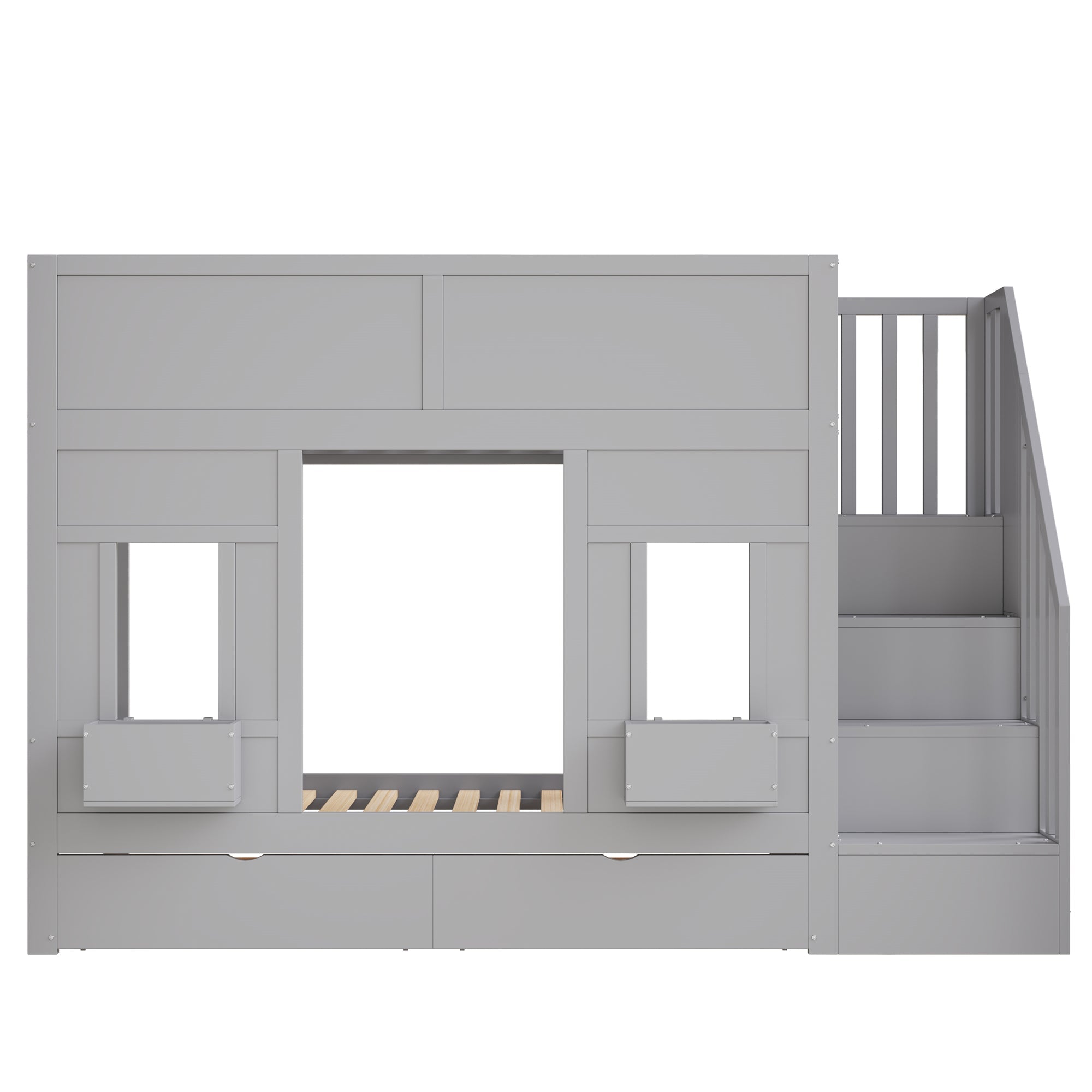 Bunk Bed with Storage Stairs, Drawers, Windows and Safety Railing, 90x200cm, Wood