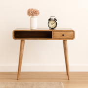 Writing Desk, Curved 1 Drawer Open Slot, Solid Wood Brown