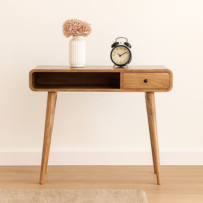 Writing Desk, Curved 1 Drawer Open Slot, Solid Wood Brown