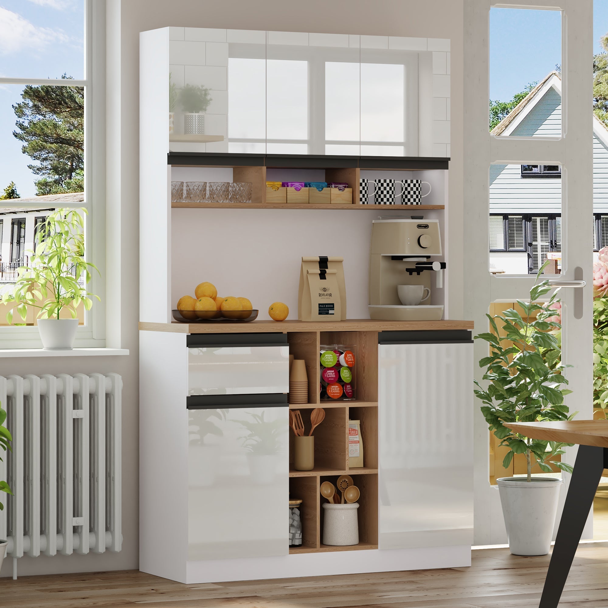 Modern Kitchen Cabinet with Drawers Adjustable Shelves Open Storage - White